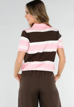 Gestreepte Gebreide Polo Top in Roze en Bruin