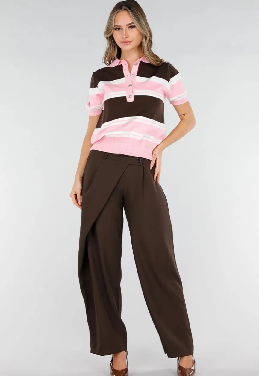 Gestreepte Gebreide Polo Top in Roze en Bruin