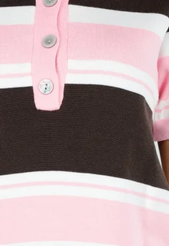 Gestreepte Gebreide Polo Top in Roze en Bruin