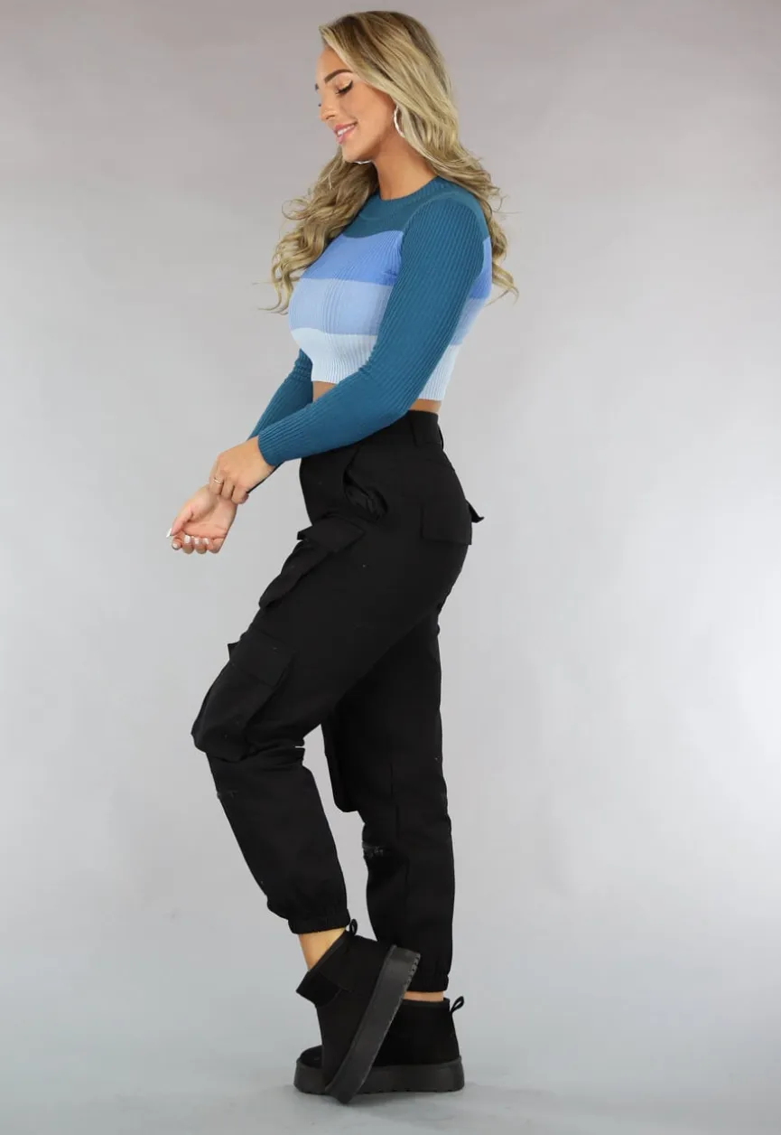 Gestreepte Ribstof Crop Top Blauw