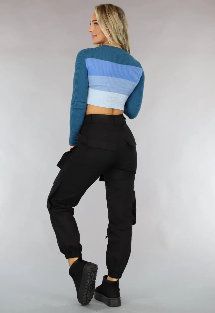 Gestreepte Ribstof Crop Top Blauw