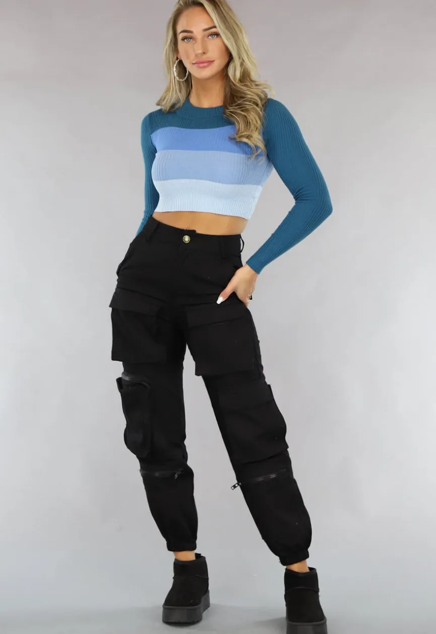 Gestreepte Ribstof Crop Top Blauw