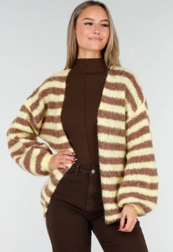 Gestreept Fluffy Vest in Geel en Bruin met Losvallende Pasvorm