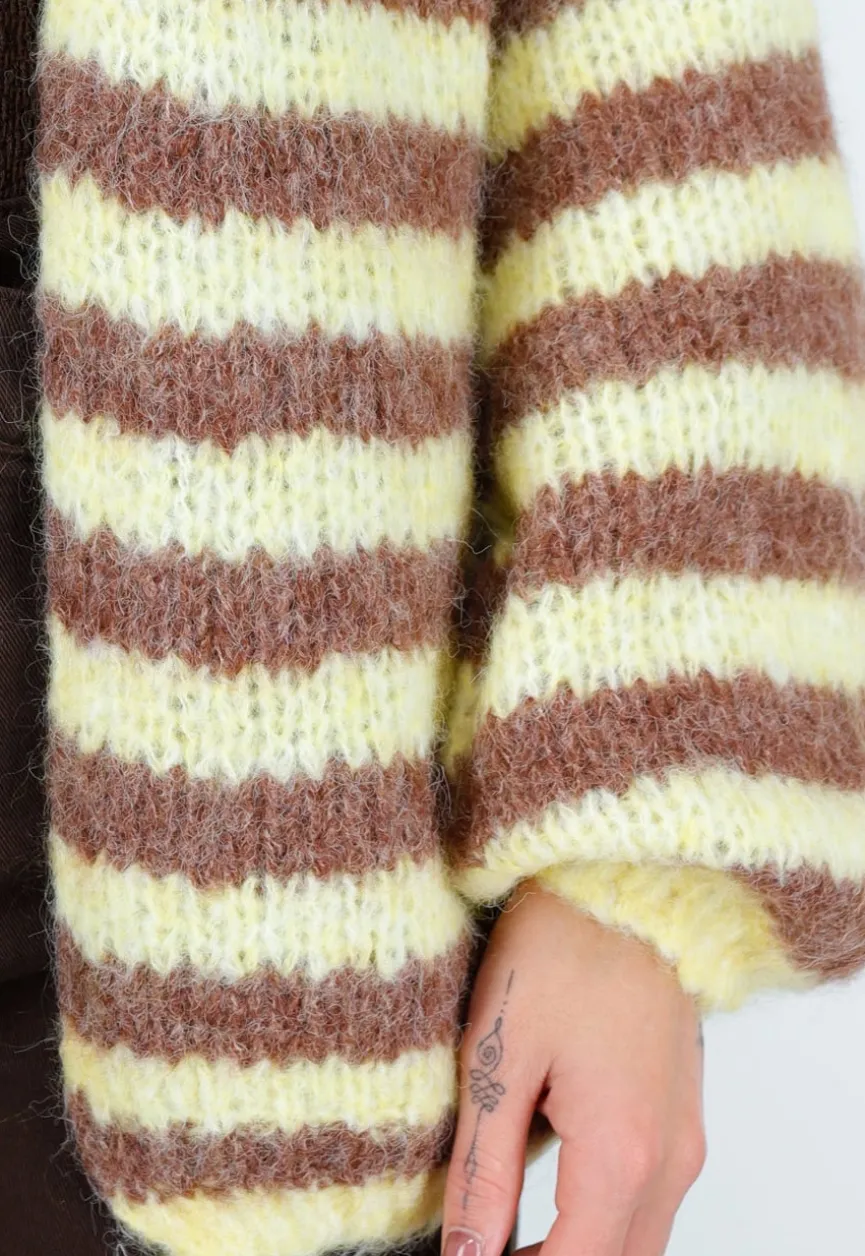 Gestreept Fluffy Vest in Geel en Bruin met Losvallende Pasvorm
