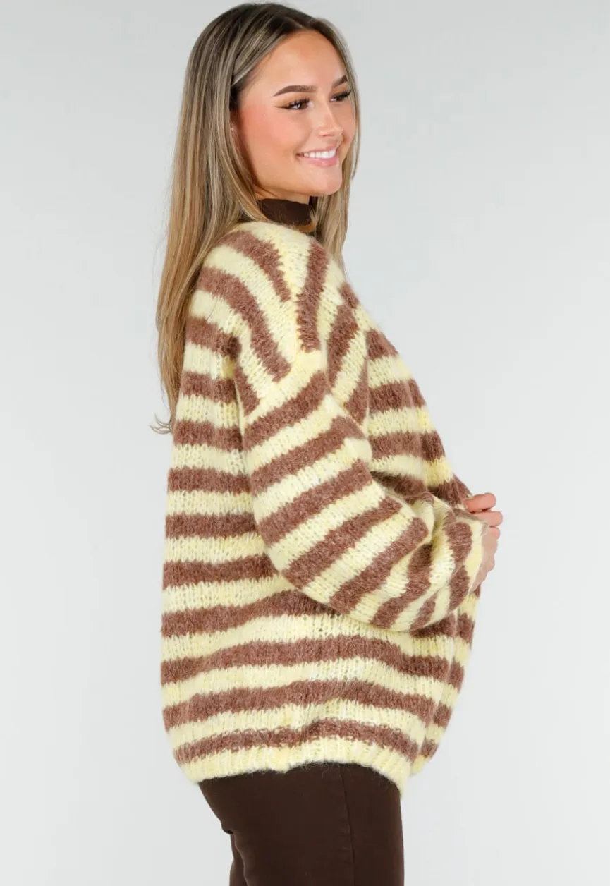 Gestreept Fluffy Vest in Geel en Bruin met Losvallende Pasvorm