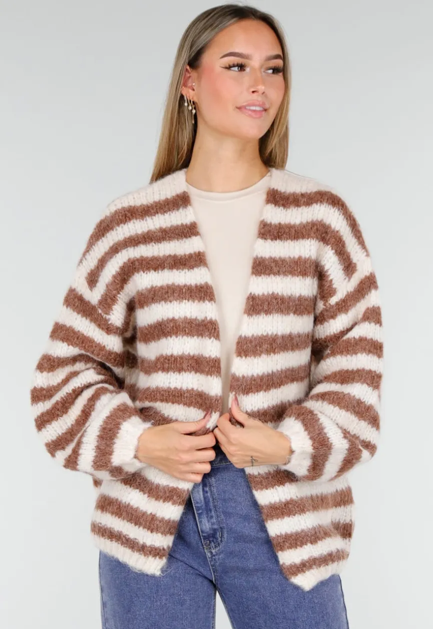 Gestreept Gebreid Vest in Bruin en Wit met Losvallend Model