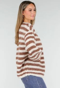 Gestreept Gebreid Vest in Bruin en Wit met Losvallend Model