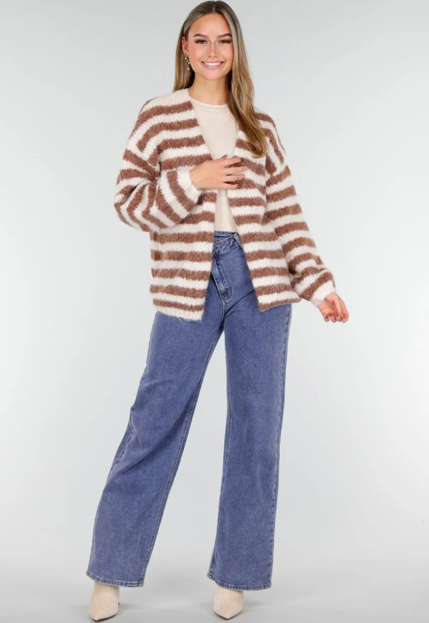 Gestreept Gebreid Vest in Bruin en Wit met Losvallend Model