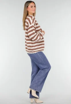 Gestreept Gebreid Vest in Bruin en Wit met Losvallend Model