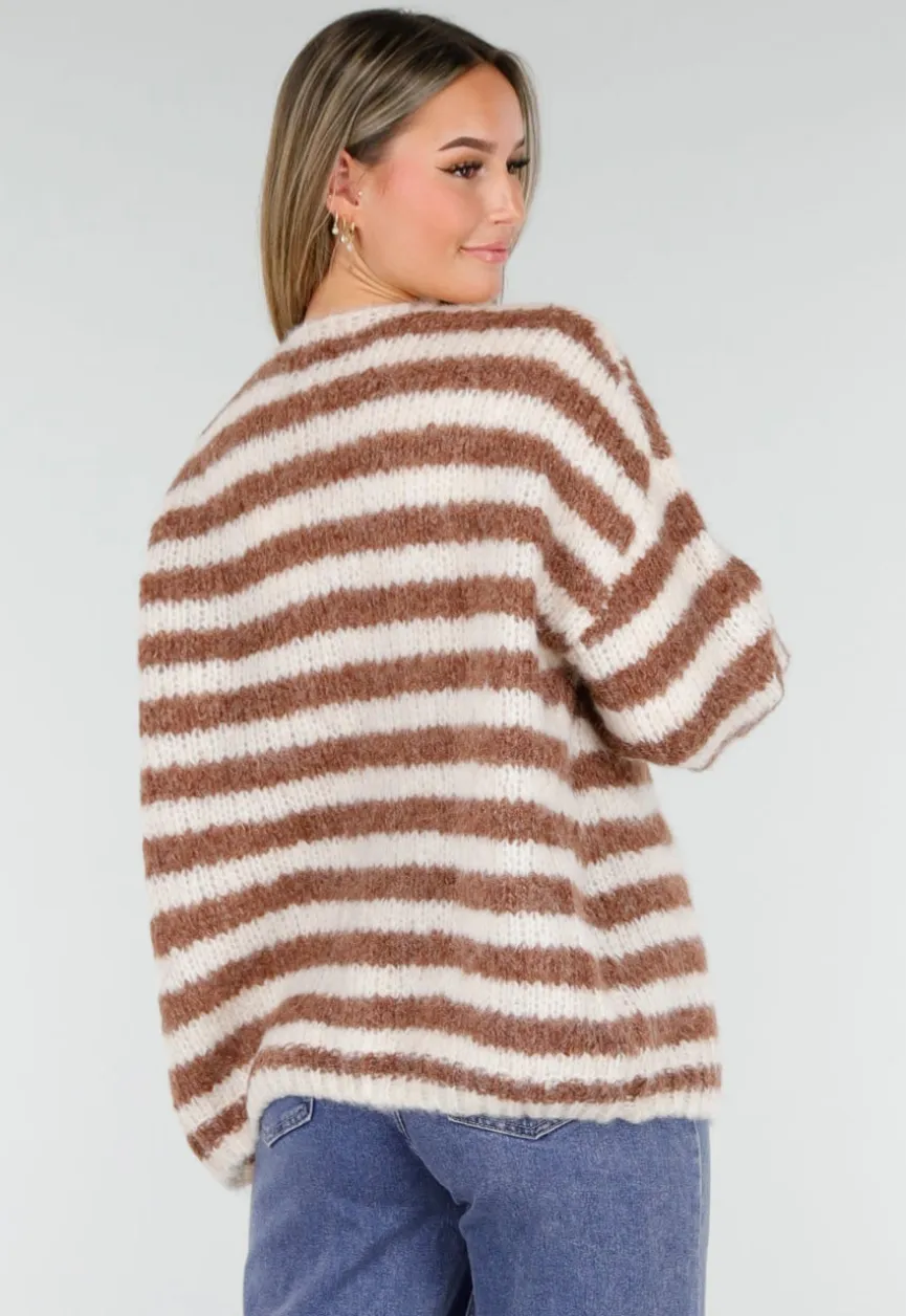 Gestreept Gebreid Vest in Bruin en Wit met Losvallend Model