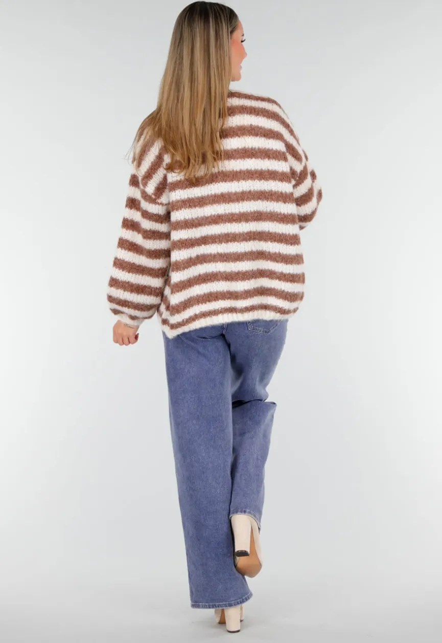 Gestreept Gebreid Vest in Bruin en Wit met Losvallend Model