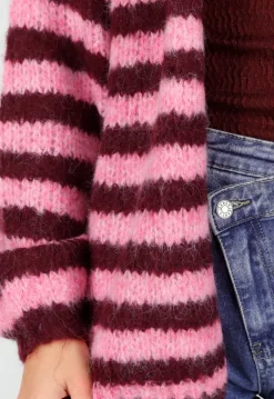 Gestreept Roze en Bordeaux Wollen Vest met Lange Mouwen