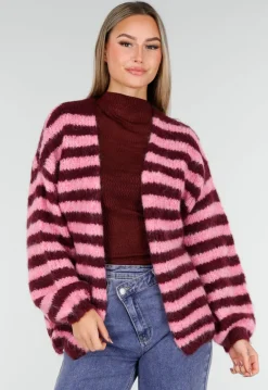 Gestreept Roze en Bordeaux Wollen Vest met Lange Mouwen