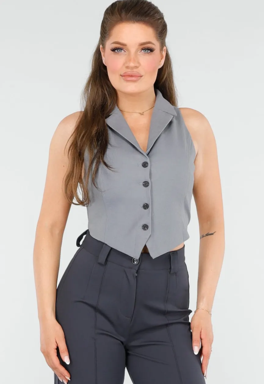 Getailleerd Grijs Gilet met Knopen en Strik Achterkant