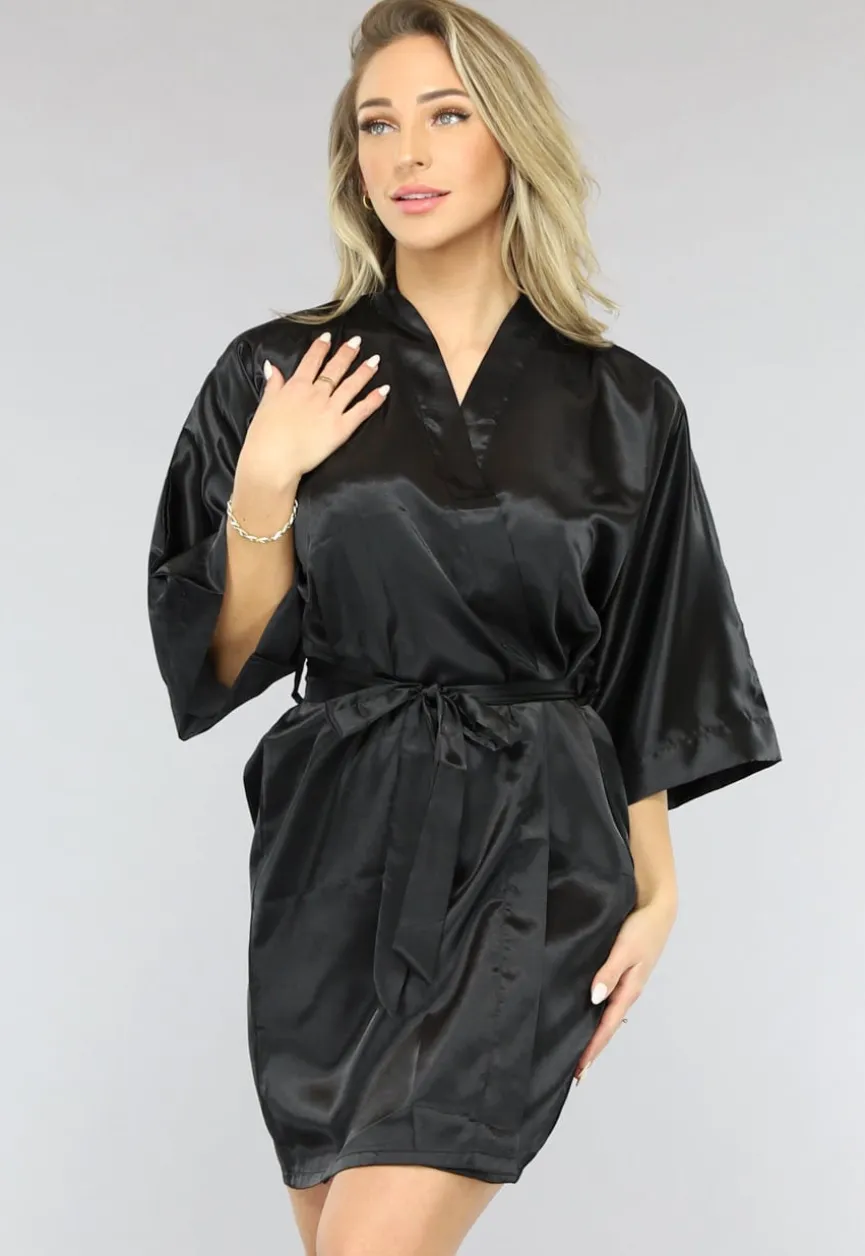 Glimmende Zwarte Satijnen Kimono Kort