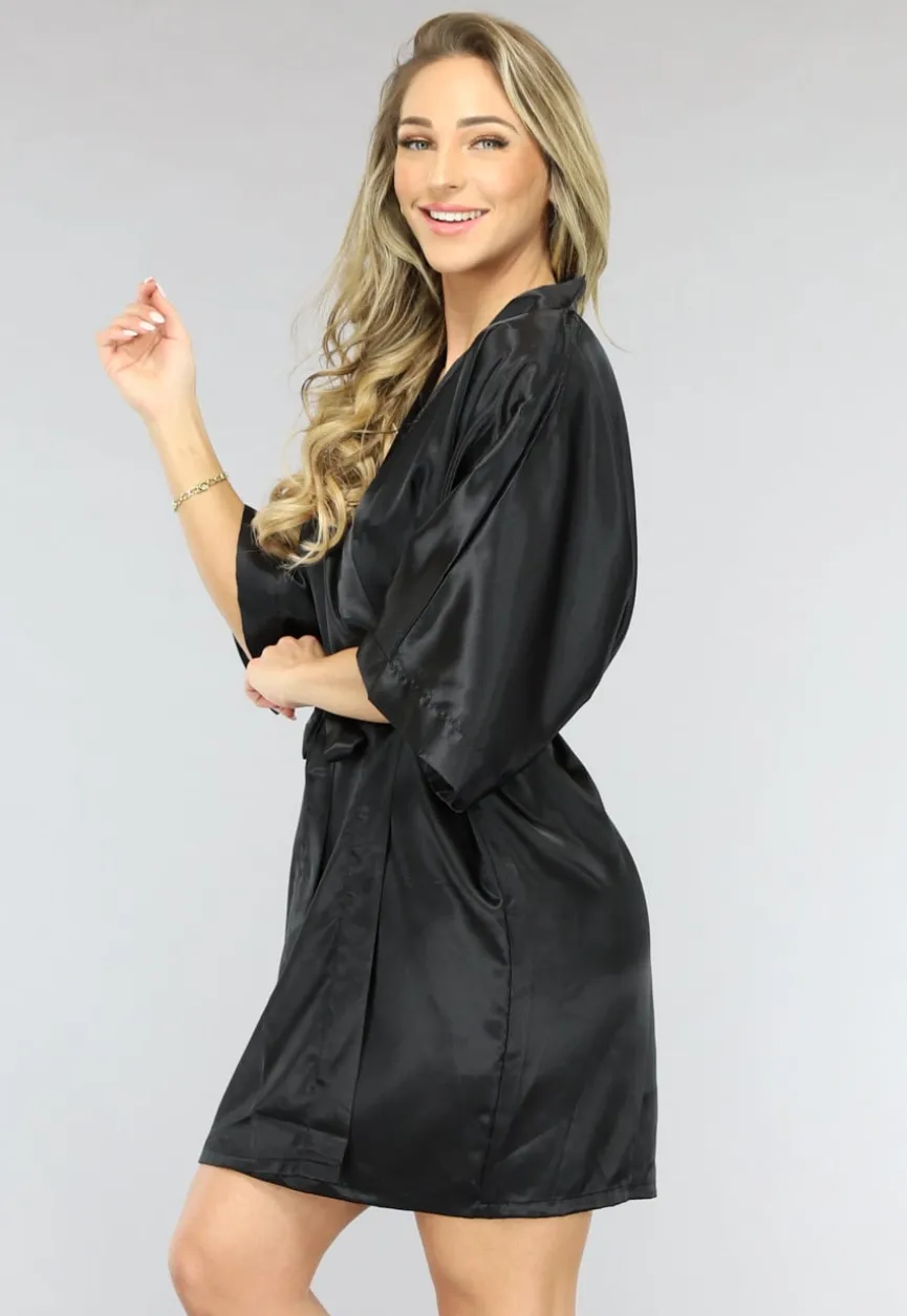 Glimmende Zwarte Satijnen Kimono Kort