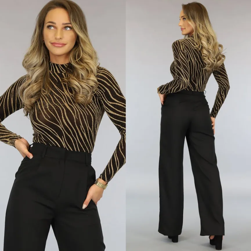 Glitterende Zwarte Body met Goud Golvende Print