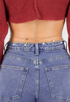 Gouden Bodychain met Parelbedels en Dubbele Schakelketting