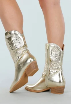 Gouden Cowboylaarzen met Metallic Look en Lage Hak
