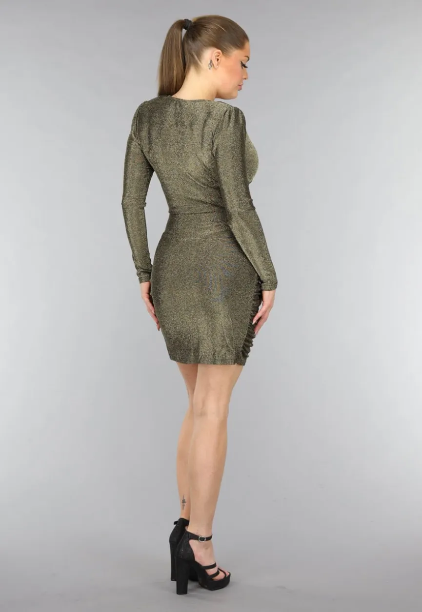 Gouden Geplooide Longsleeve Glitter Jurk
