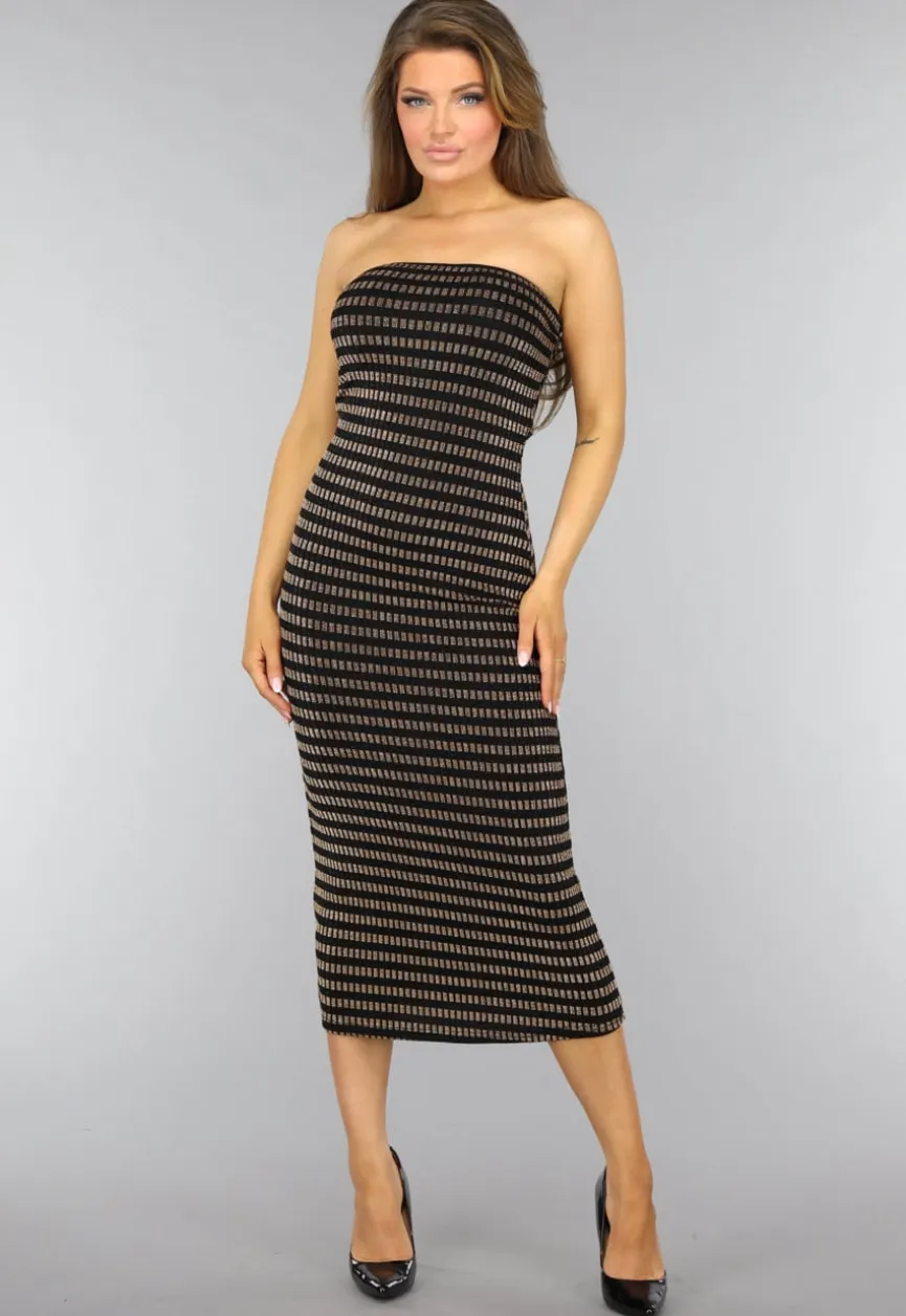 Gouden Gestreepte Strapless Midi Jurk