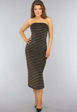 Gouden Gestreepte Strapless Midi Jurk