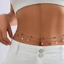 Gouden Heup Bodychain met Sterretjes en Groene Steentjes