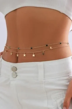 Gouden Heup Bodychain met Sterretjes en Groene Steentjes