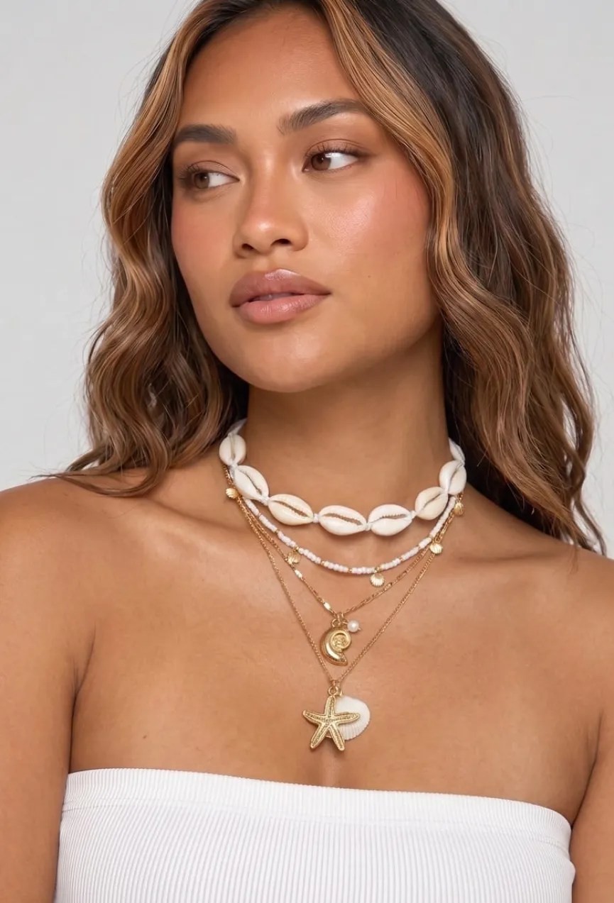 Gouden Kettingen Set met Schelpen, Zeester en Kralen