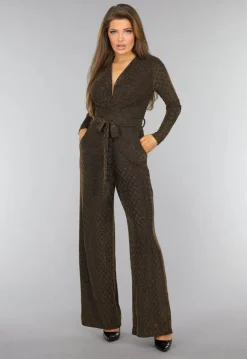 Gouden Longsleeve Glitter Jumpsuit met Ceintuur