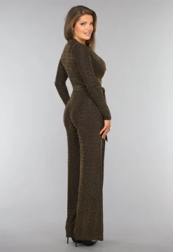 Gouden Longsleeve Glitter Jumpsuit met Ceintuur