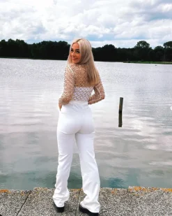 Gouden Longsleeve Mesh Top met Parels