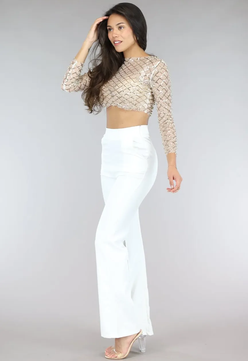 Gouden Longsleeve Mesh Top met Parels