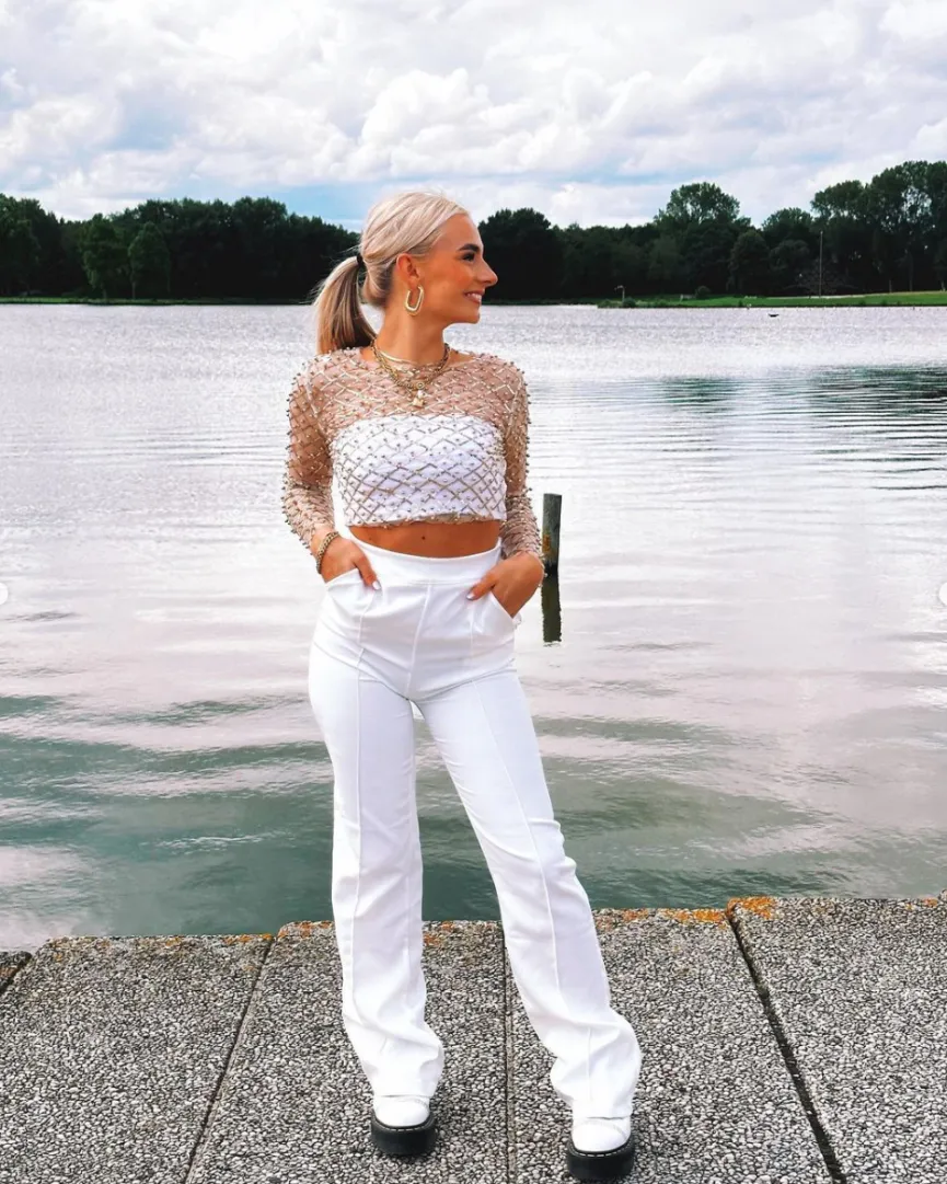 Gouden Longsleeve Mesh Top met Parels