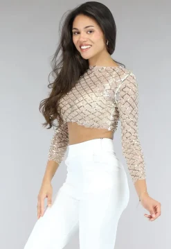 Gouden Longsleeve Mesh Top met Parels
