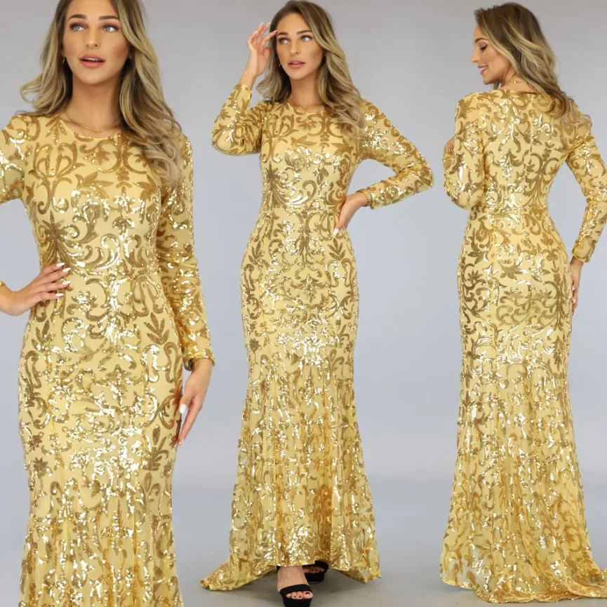 Gouden Mesh Jurk met Pailletten en Onderjurk
