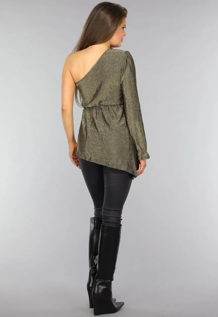 Gouden One Sleeve Glitter Top met Schoudervulling