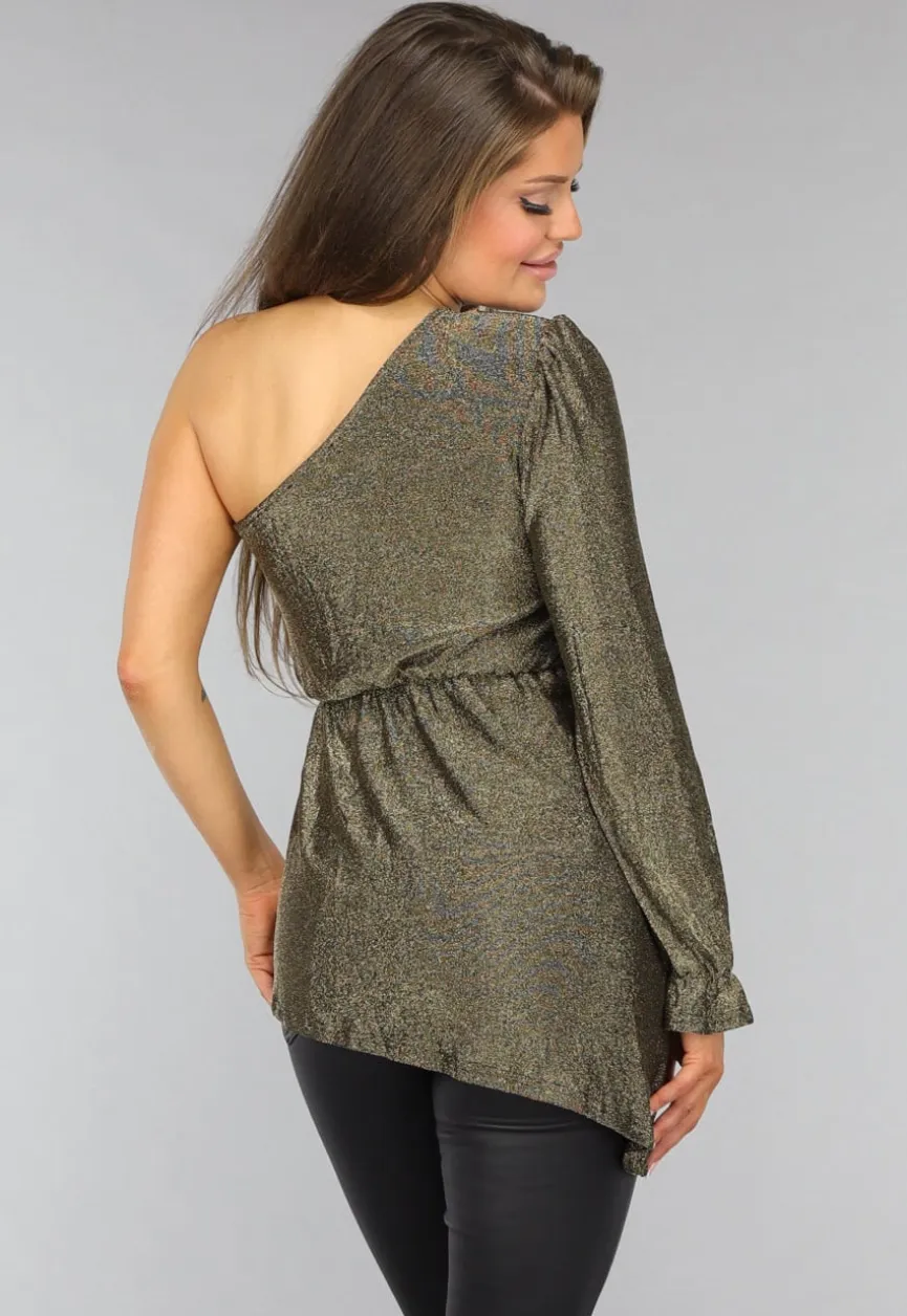 Gouden One Sleeve Glitter Top met Schoudervulling