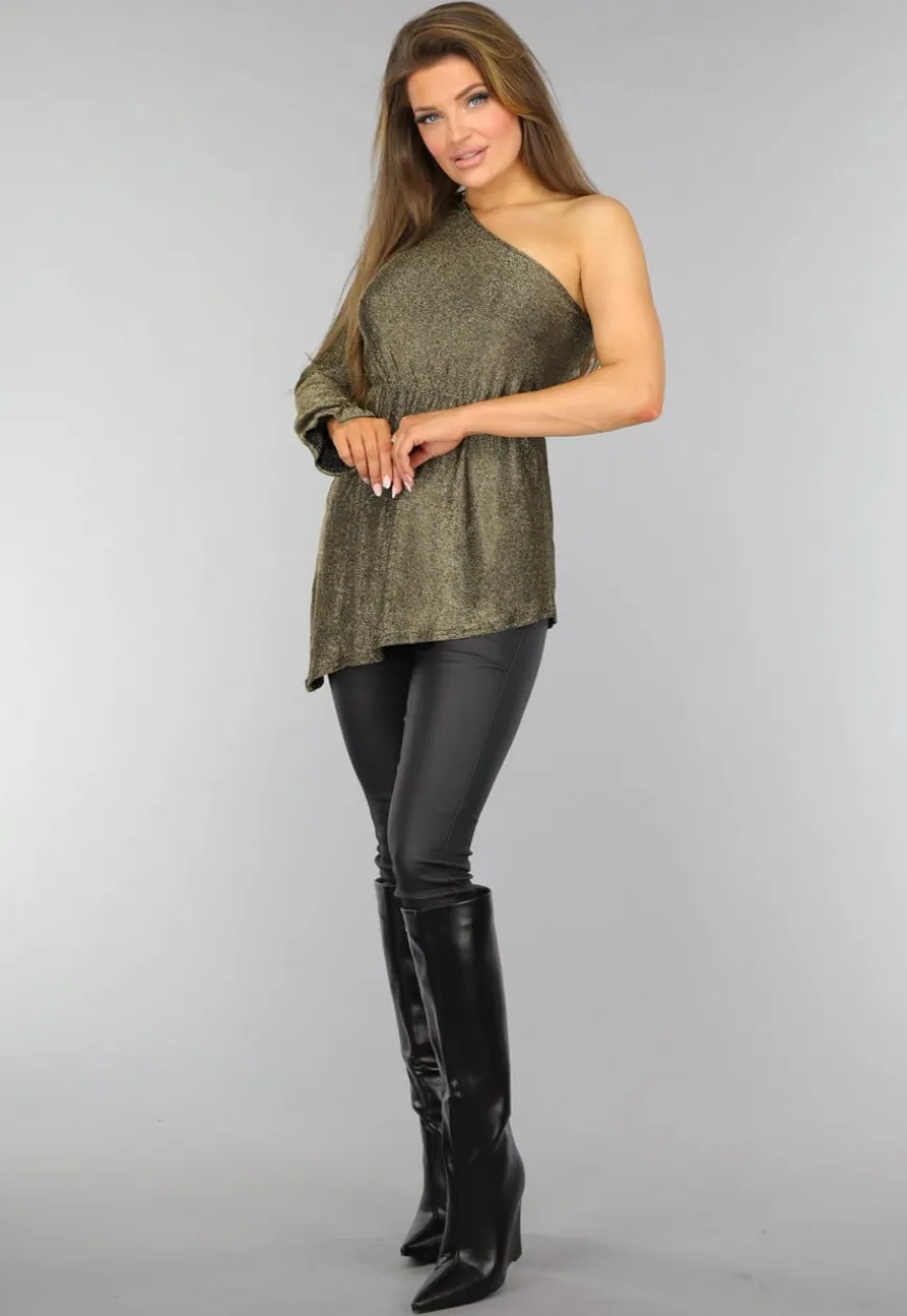 Gouden One Sleeve Glitter Top met Schoudervulling