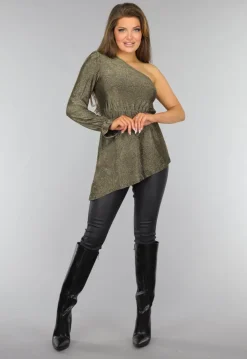 Gouden One Sleeve Glitter Top met Schoudervulling
