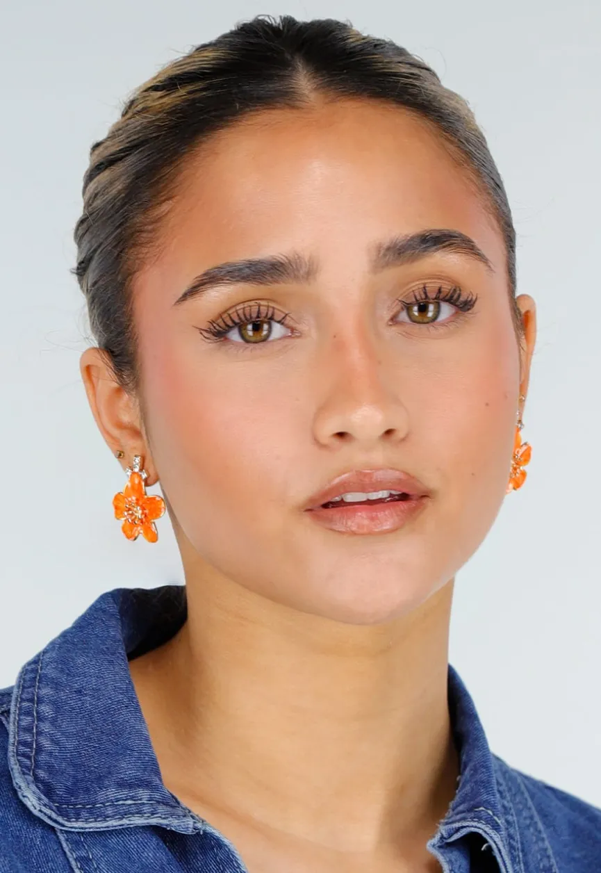 Gouden Oorbellen met Oranje Bloem en Strass Steentjes
