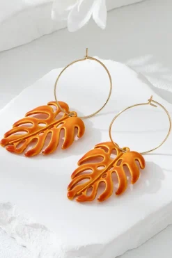 Gouden Oorbellen met Oranje Blad Hanger