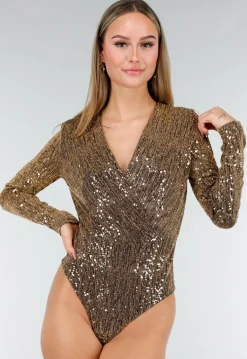 Gouden Pailletten Body met V-Hals, Lange Mouwen en Overlappende Voorzijde