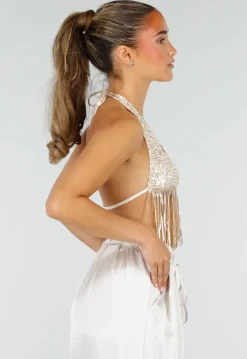 Gouden Pailletten Halter Top met Franjes en Open Rug