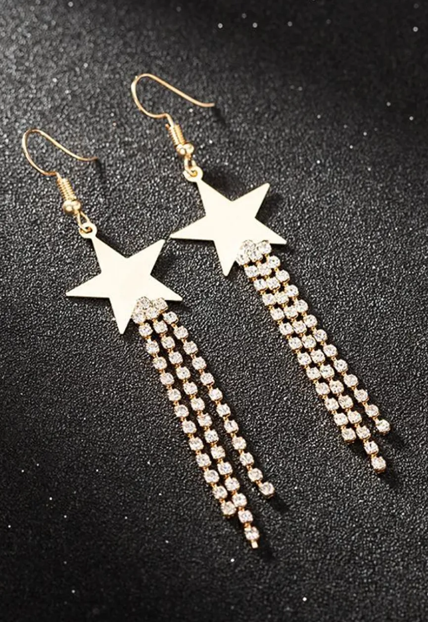 Gouden Sterren Oorbellen met Strass Fringe