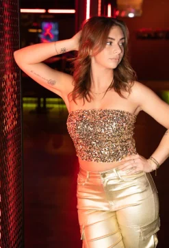 Gouden Strapless Crop Top met Pailletten