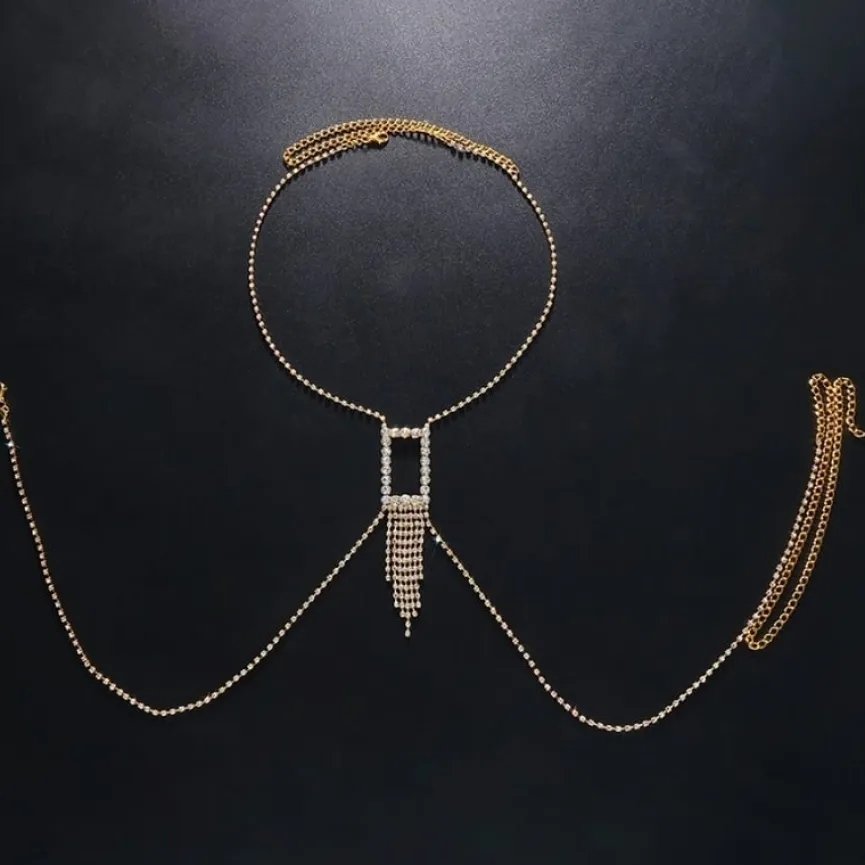 Gouden Strass Bodychain met Waterval Detail
