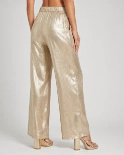 Gouden Wide Leg Broek met Plooien en Stretch Taille