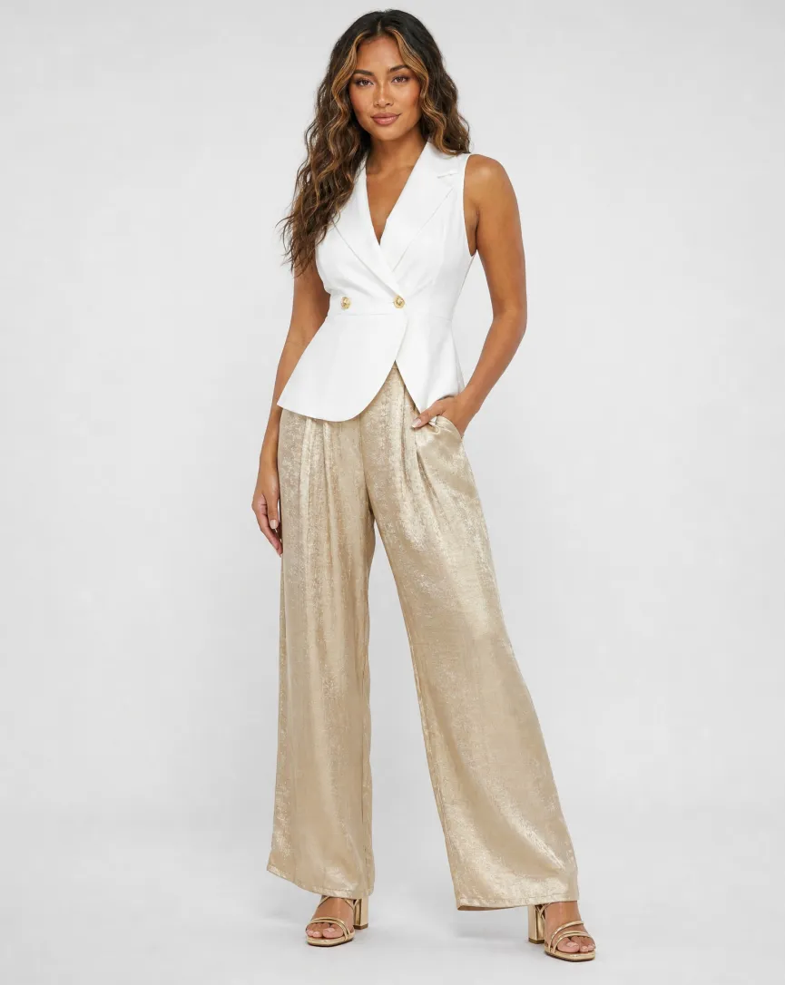 Gouden Wide Leg Broek met Plooien en Stretch Taille