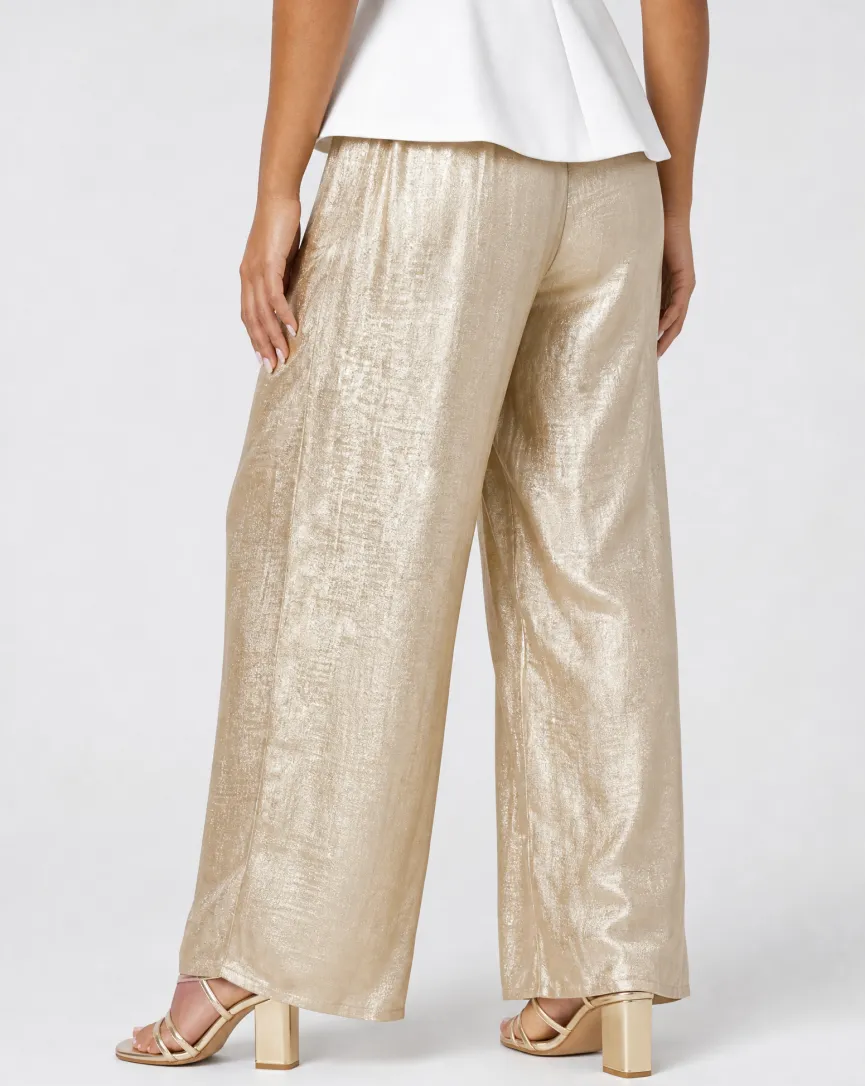 Gouden Wide Leg Broek met Plooien en Stretch Taille